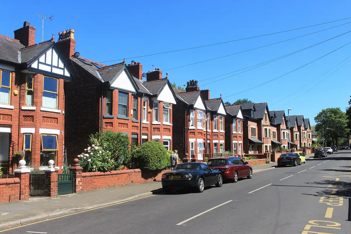 Edwardian terraced houses with gables on Brookburn Road, Chorlton