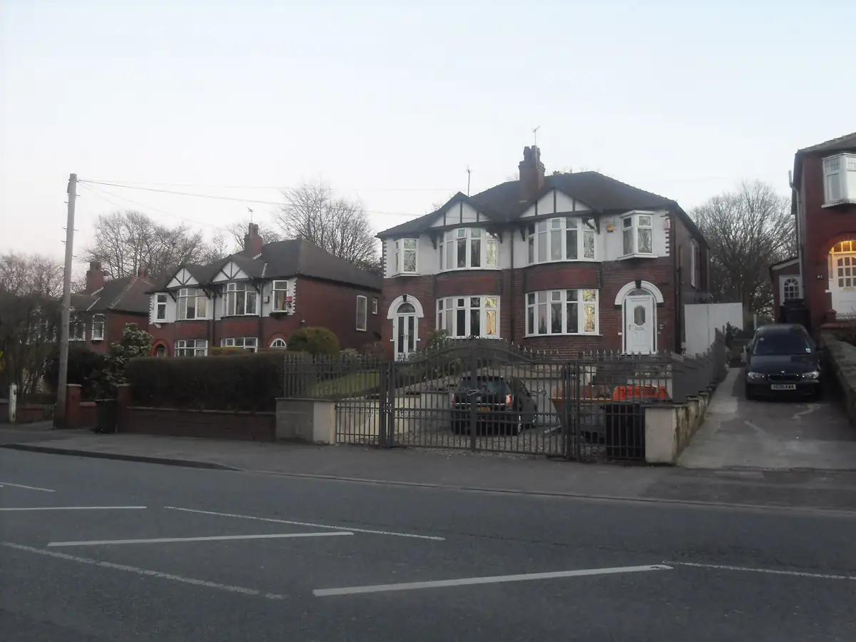 Mock Tudor semi-detached houses on Hilton Lane in Prestwich
